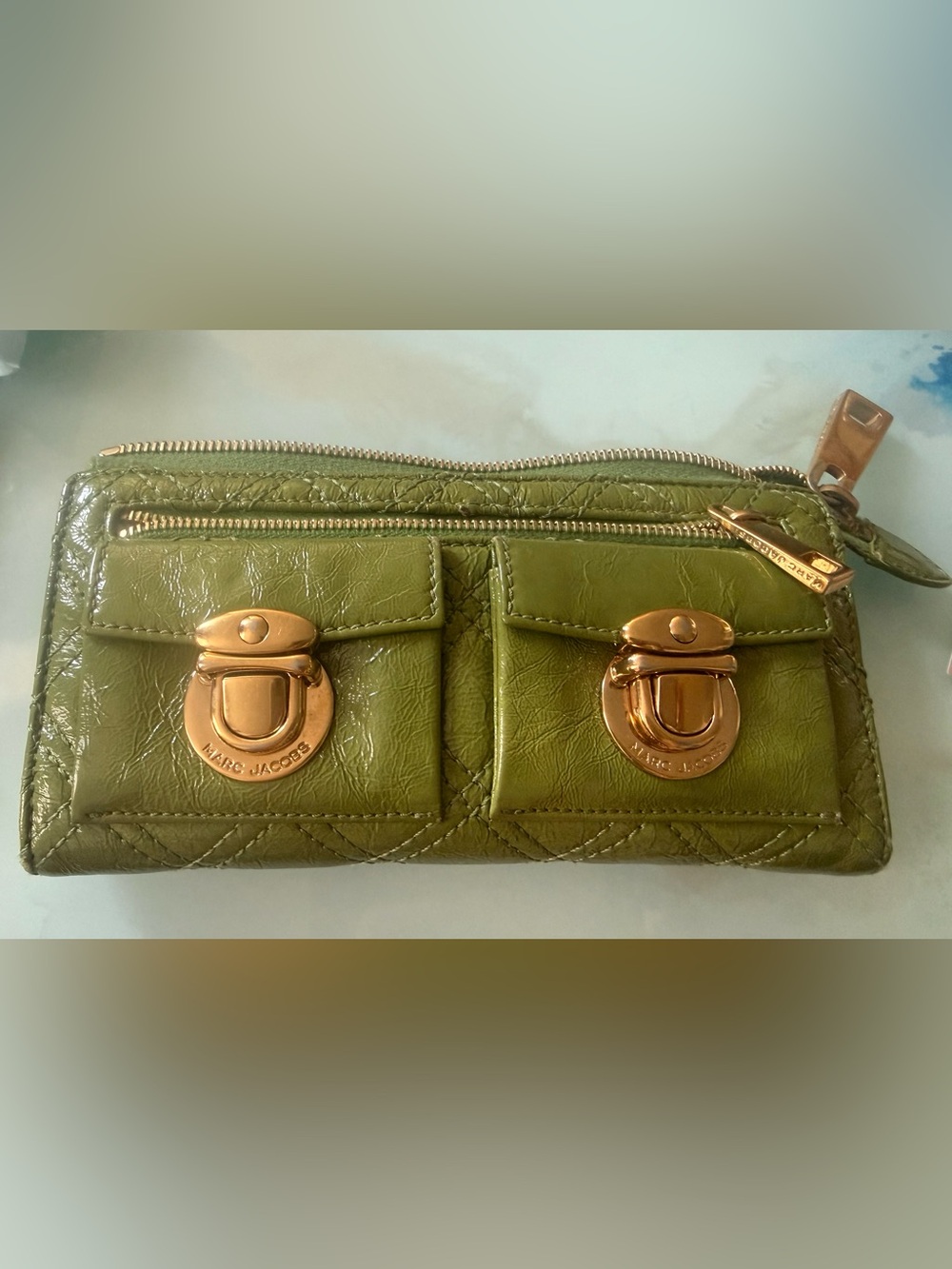 Marc Jacobs Olive Green Quilted Leather Wallet with Gold Hardware